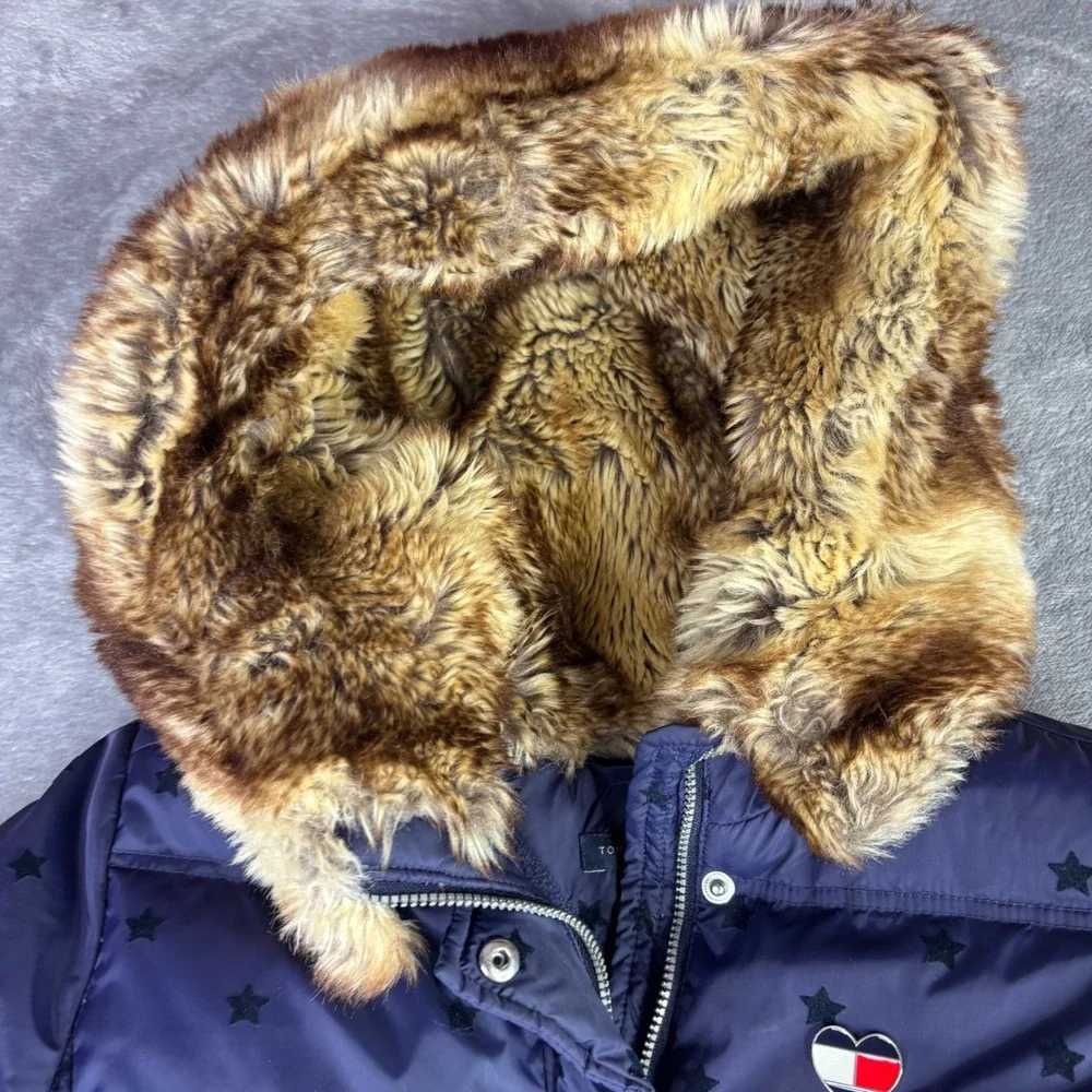 Tommy Hilfiger Puffer Jacket Girls M 8-10 Navy Blue Star Down Feather Faux Fur
